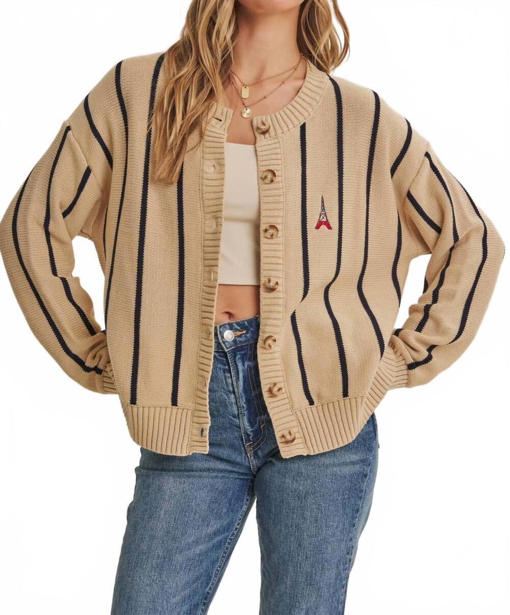 NEW IN FEBRUARY women's city postcard embroidered stripe cardigan in taupe